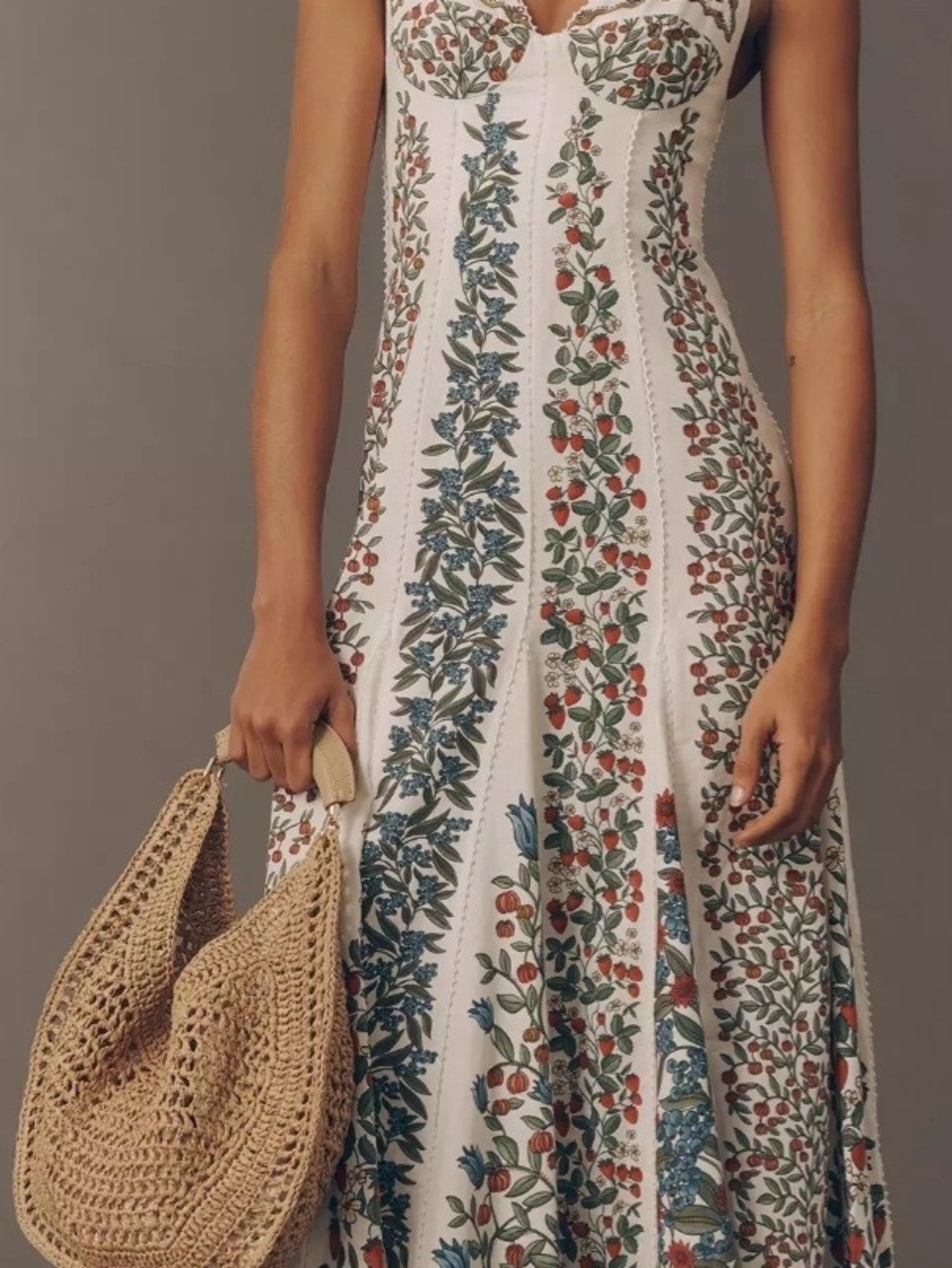 FARM Rio White Maxi Dress with Green and Blue Floral Panels